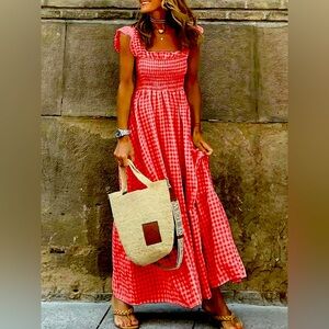 NWT Smocked Gingham Maxi Dress with Ruffle Straps